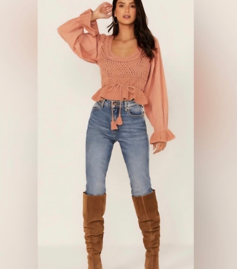 Free People Megan Crochet Peplum Blouse Open Back Boho Top Terracotta Gauze S